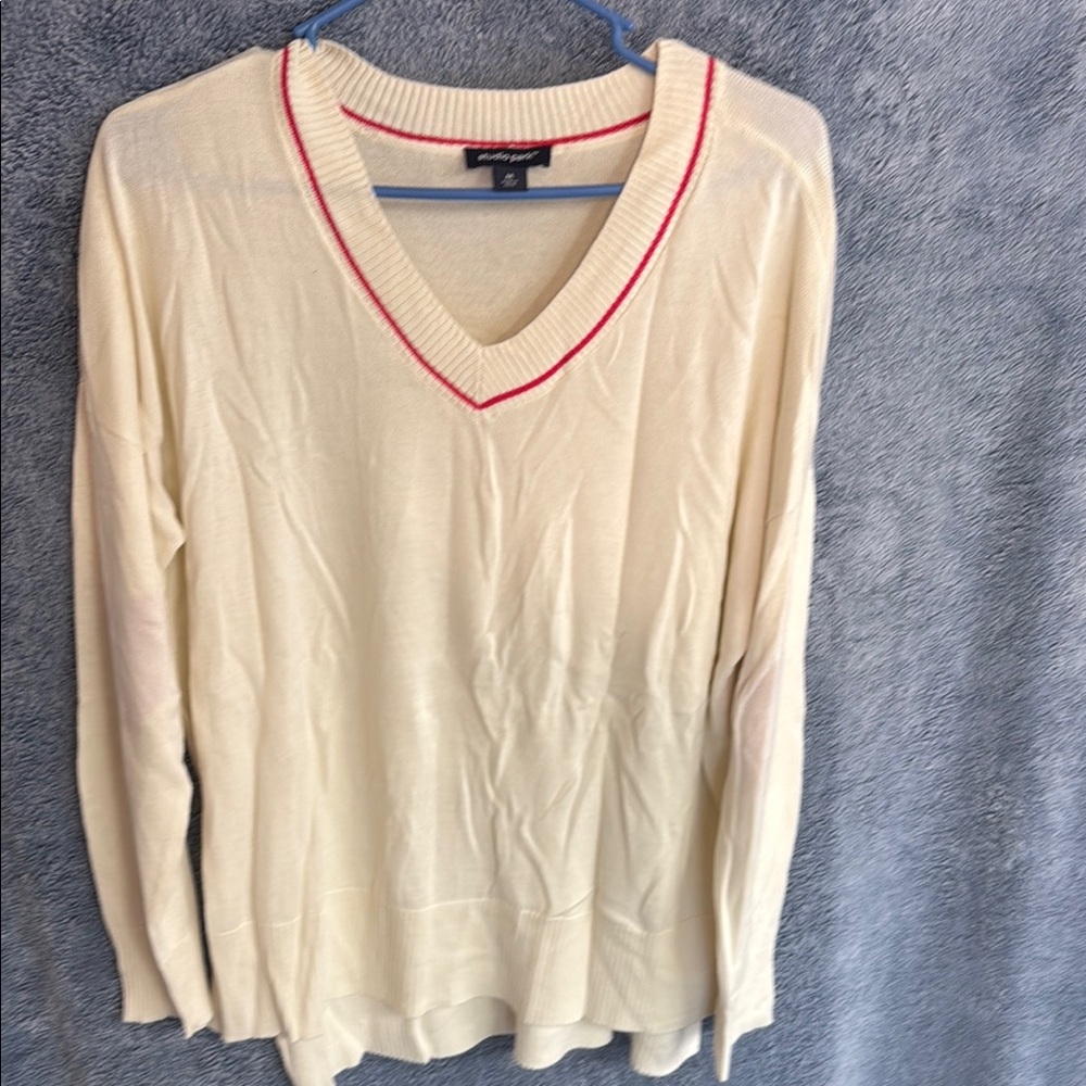 Studio Cream and Red V-Neck Sweater Classic Knit